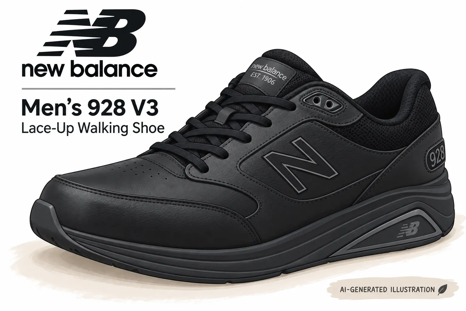 file_0000000038f48230b63bfe13ebd180f0 - Rejuva Sole™ Black New Balance 928 V3 men’s lace-up walking shoe illustration, with prominent NB logo and model text on left side image edge