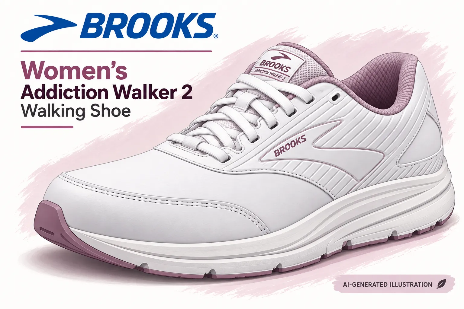 file_0000000046cc82309554e210dd17d470 - Rejuva Sole™ White Brooks Women's Addiction Walker 2 walking shoe with pink accents on a pale pink brushstroke background.