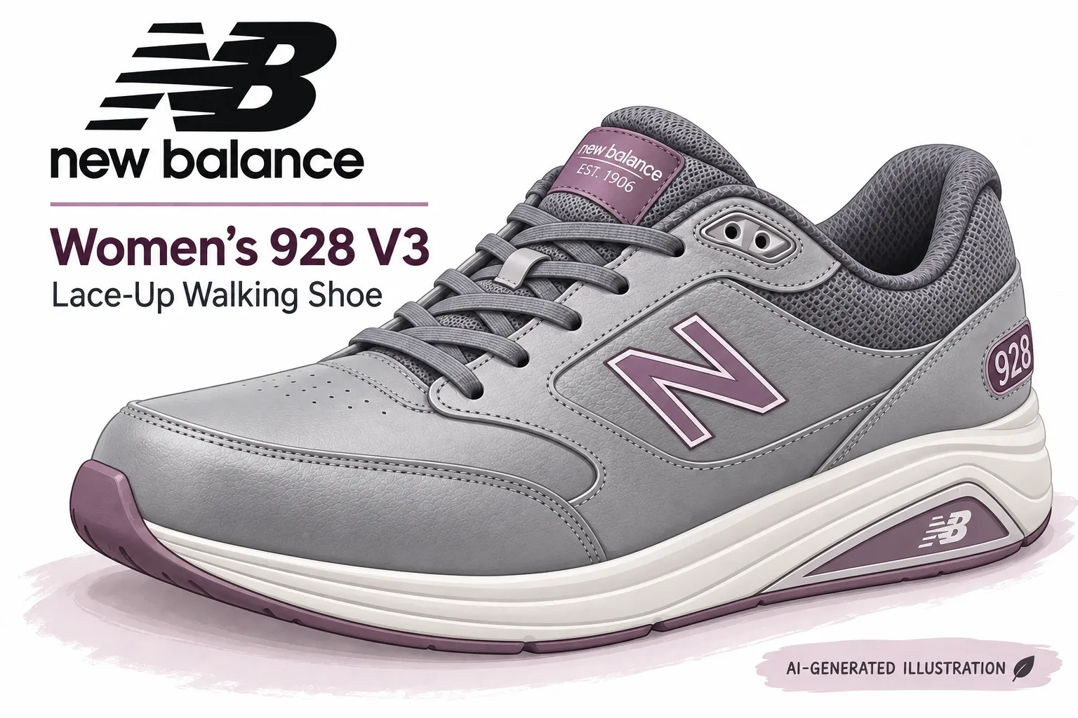 file_0000000053a88230bb143aa48ab7ba56 - Rejuva Sole™ Illustration of a gray New Balance Women’s 928 V3 lace-up walking shoe with purple accents and NB logo on the side.