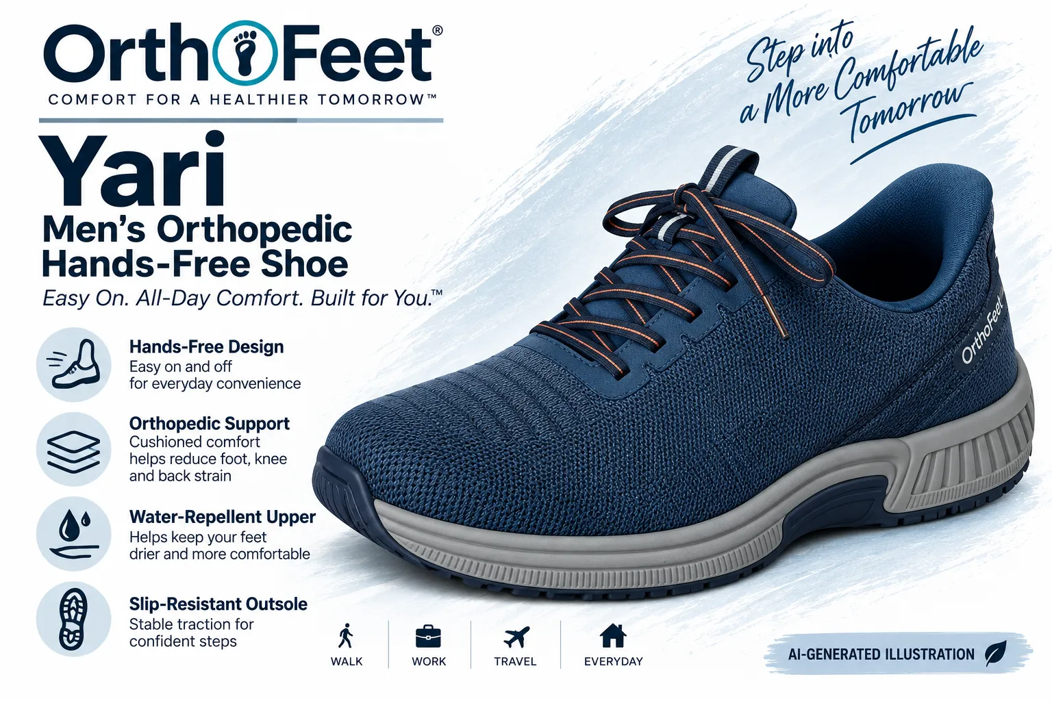 file_0000000059848230845ab5f7574a69f9 - Rejuva Sole™ Blue athletic shoe advertisement for OrthoFeet Yari men's orthopedic hands-free shoe with navy knit upper and gray sole, showing key features on left.