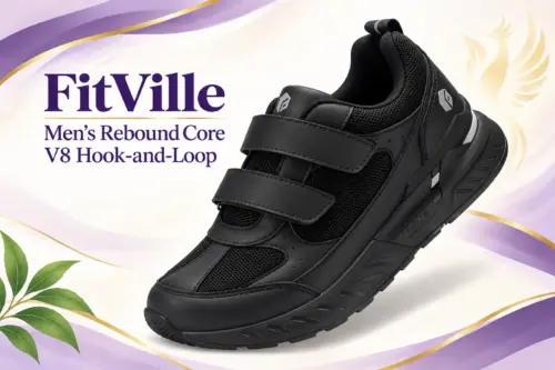 Fitville Rebound Core V8 hook n loop AI-generated illustration of the FitVille Men’s Rebound Core V8 Hook-and-Loop shoe with two straps.