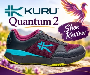 KURU Quantum 2 shoe shown for a shoe review: magenta mesh with black accents and teal logo on a bright outdoor background.
