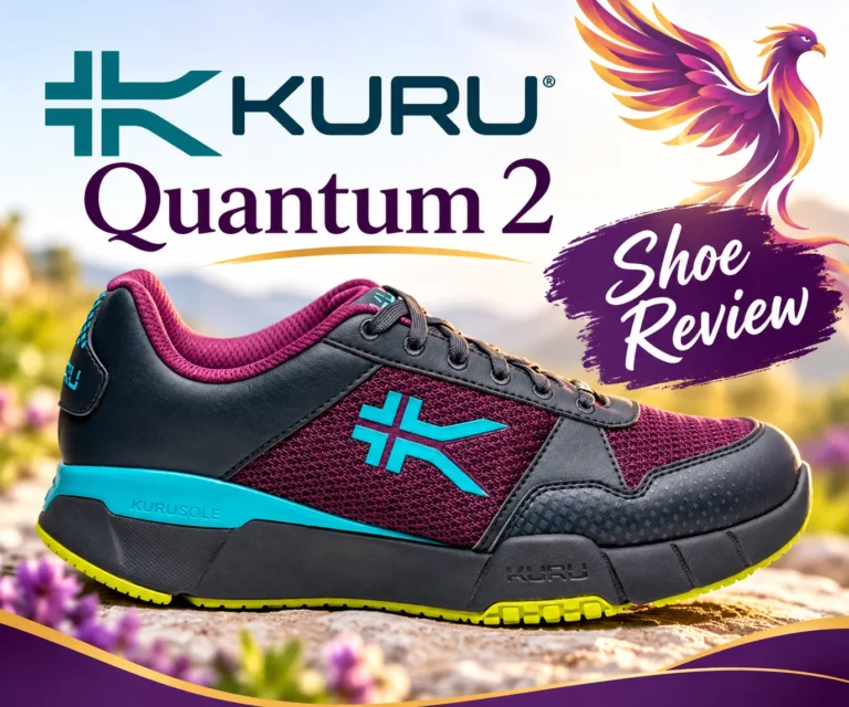 KURU Quantum 2 shoe shown for a shoe review: magenta mesh with black accents and teal logo on a bright outdoor background.