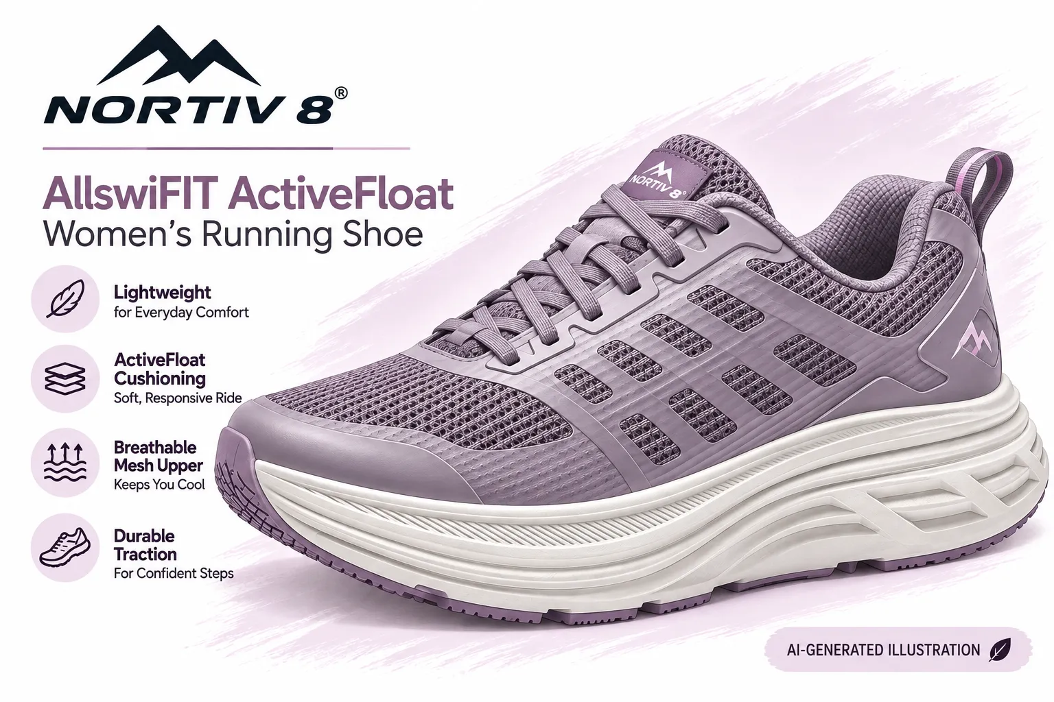 file_0000000099dc8230846495d612b8c9a5 - Rejuva Sole™ Purple-gray Nordiv 8 AllswiFIT ActiveFloat women's running shoe with feature icons and 'AI-generated illustration' label on a pastel background.
