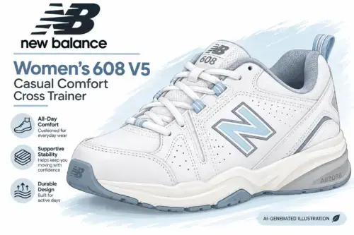New Balance 608v5 Women's (value shoe) Illustrated New Balance Women’s 608 V5 cross trainer shoe in white and light blue with feature icons: All-Day Comfort, Supportive Stability, Durable Design (AI-generated illustration).