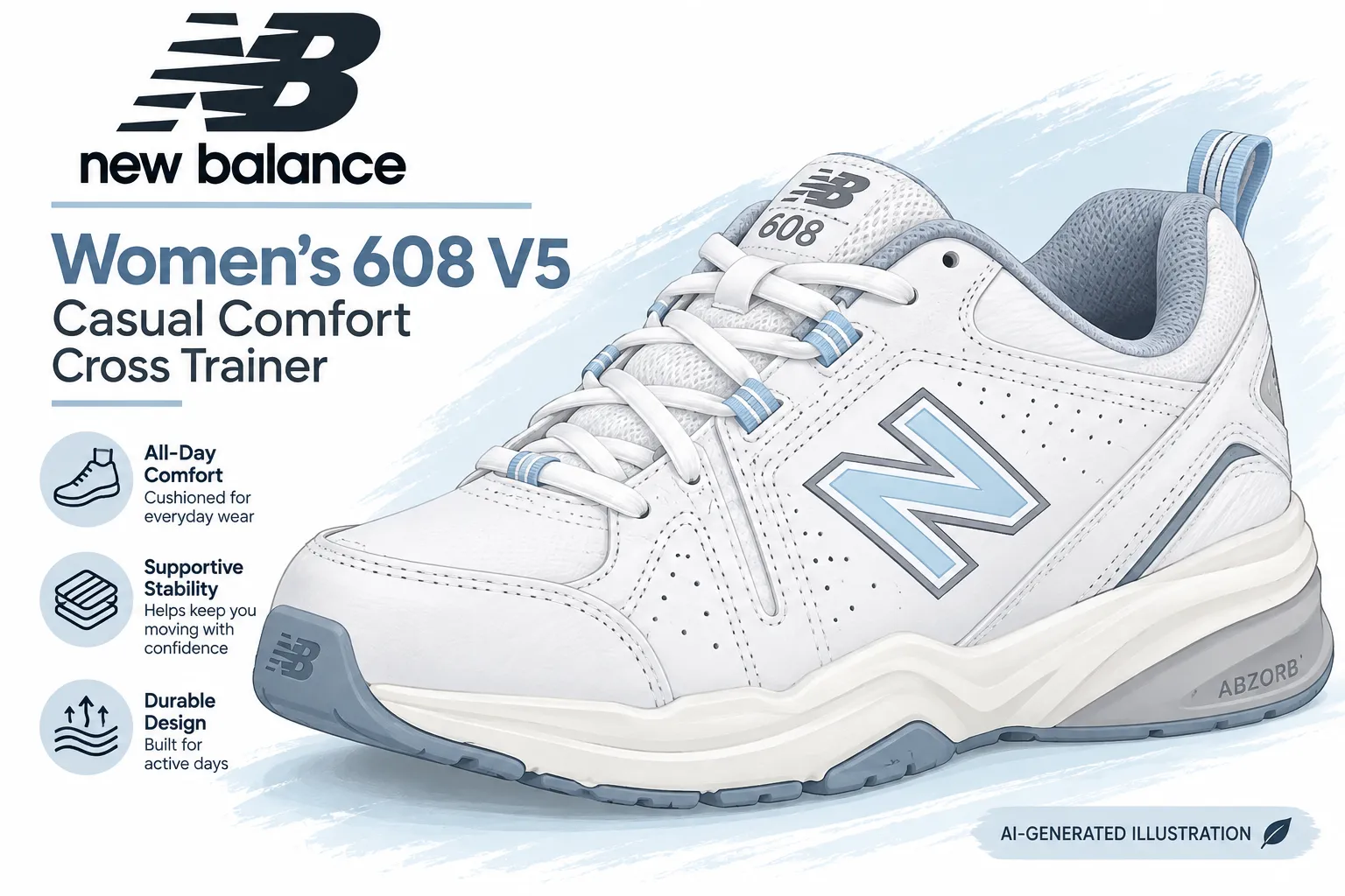 file_000000009fd482308d2c4b7a414ed480 - Rejuva Sole™ Illustrated New Balance Women’s 608 V5 cross trainer shoe in white and light blue with feature icons: All-Day Comfort, Supportive Stability, Durable Design (AI-generated illustration).