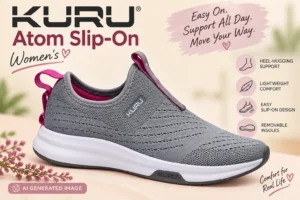 file_00000000a76c82308daa433d69630394 - Rejuva Sole™ KURU Atom Slip-On women's shoe in grey with pink lining, highlighting lightweight comfort and easy slip-on design.