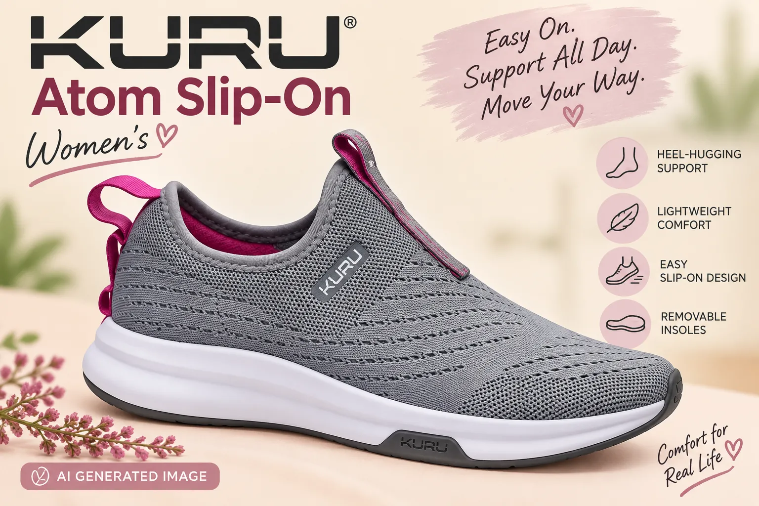 file_00000000a76c82308daa433d69630394 - Rejuva Sole™ KURU Atom Slip-On women's shoe in grey with pink lining, highlighting lightweight comfort and easy slip-on design.