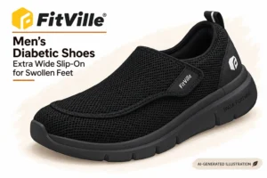 file_00000000c68c82308a7fc32d8dce2877 - Rejuva Sole™ Black mesh Slip-On diabetic shoe for men with thick gray sole and FitVille branding on strap and heel tab (AI-generated illustration).