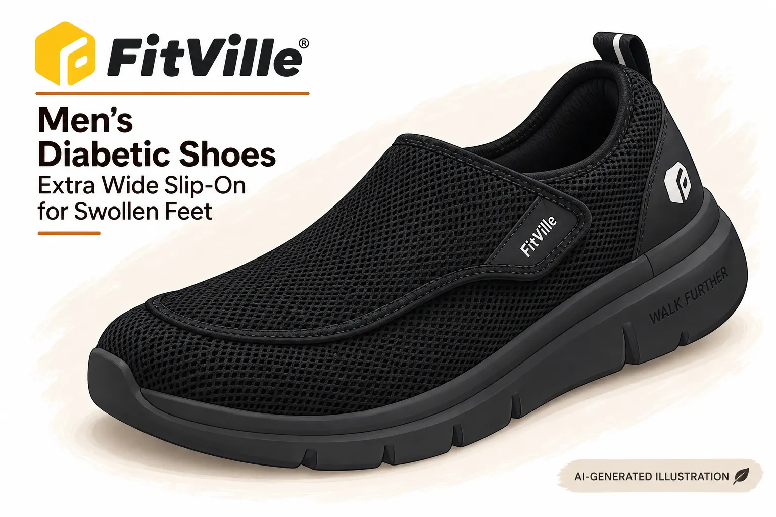 file_00000000c68c82308a7fc32d8dce2877 - Rejuva Sole™ Black mesh Slip-On diabetic shoe for men with thick gray sole and FitVille branding on strap and heel tab (AI-generated illustration).
