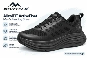 file_00000000db2482309b0814ac6f323992 - Rejuva Sole™ Nordiv 8 AllwiFIT ActiveFloat men's running shoe in black with a chunky sole and breathable mesh upper, highlighting lightweight, cushioning, breathable upper, and durable traction.