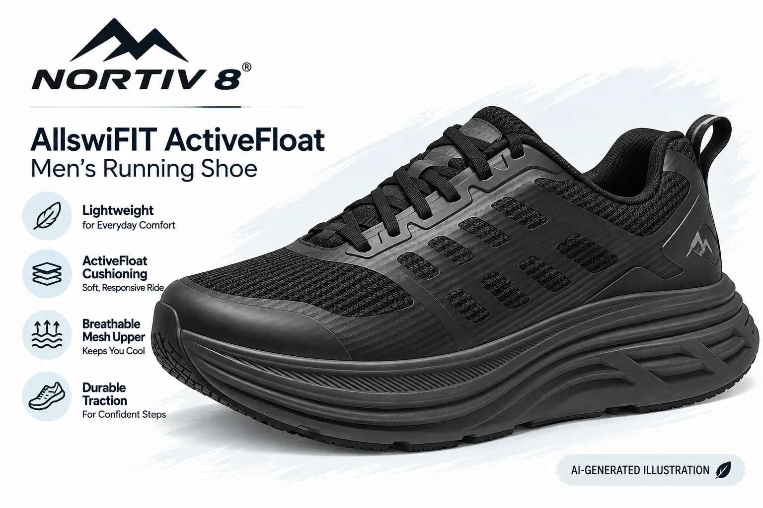 file_00000000db2482309b0814ac6f323992 - Rejuva Sole™ Nordiv 8 AllwiFIT ActiveFloat men's running shoe in black with a chunky sole and breathable mesh upper, highlighting lightweight, cushioning, breathable upper, and durable traction.