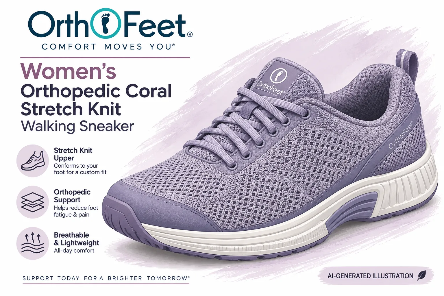 file_00000000e50082309a77f54c02fd3769 - Rejuva Sole™ OrthoFeet women's orthopedic coral stretch knit walking sneaker in lavender, with mesh upper and features like support and breathability.