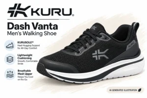Black KURU Dash Vanta men’s walking shoe showcased with label highlights: lightweight cushioning, breathable mesh, and heel-hugging support (KURSOLE).