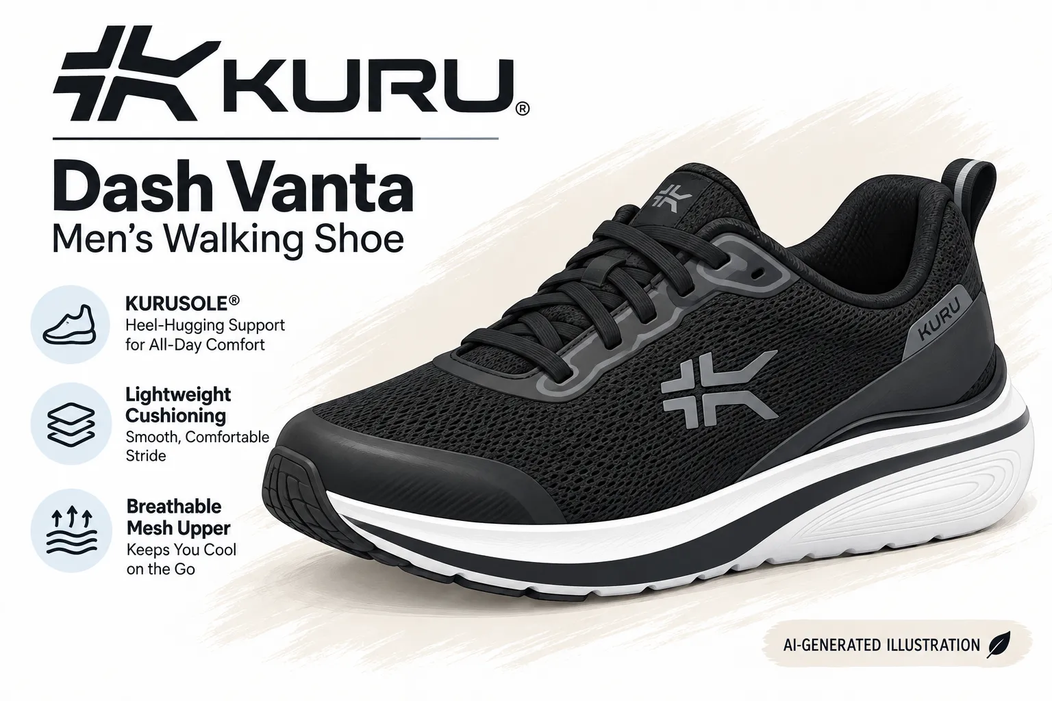 file_00000000f85882309e9b2c93bd6bec33 - Rejuva Sole™ Black KURU Dash Vanta men’s walking shoe showcased with label highlights: lightweight cushioning, breathable mesh, and heel-hugging support (KURSOLE).