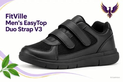 AI illustration of one black FitVille men’s EasyTop Duo Strap V3 shoe on a cream, lilac and gold background.