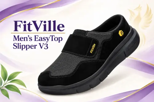 fitville-easytop-slipper-v3 Representative AI illustration of a black FitVille Men’s EasyTop Slipper V3 with an adjustable strap on a cream, purple and gold background.