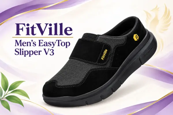 Representative AI illustration of a black FitVille Men’s EasyTop Slipper V3 with an adjustable strap on a cream, purple and gold background.