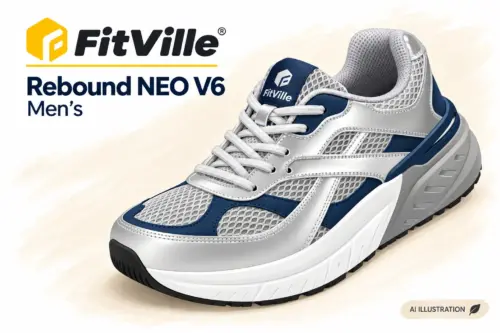 FitVille Men’s Rebound NEO V6 — clean illustration - Rejuva Sole™ AI illustration of a white, silver and navy FitVille men’s Rebound NEO V6 shoe.