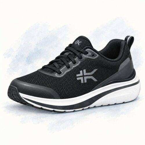 kuru-dash-vanta-rejuva-illustration AI-generated illustration of the black KURU DASH Vanta men’s walking shoe with breathable mesh and a black-and-white cushioned sole.