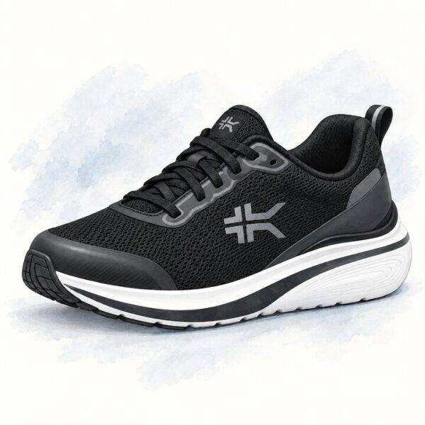 kuru-dash-vanta-rejuva-illustration - Rejuva Sole™ AI-generated illustration of the black KURU DASH Vanta men’s walking shoe with breathable mesh and a black-and-white cushioned sole.