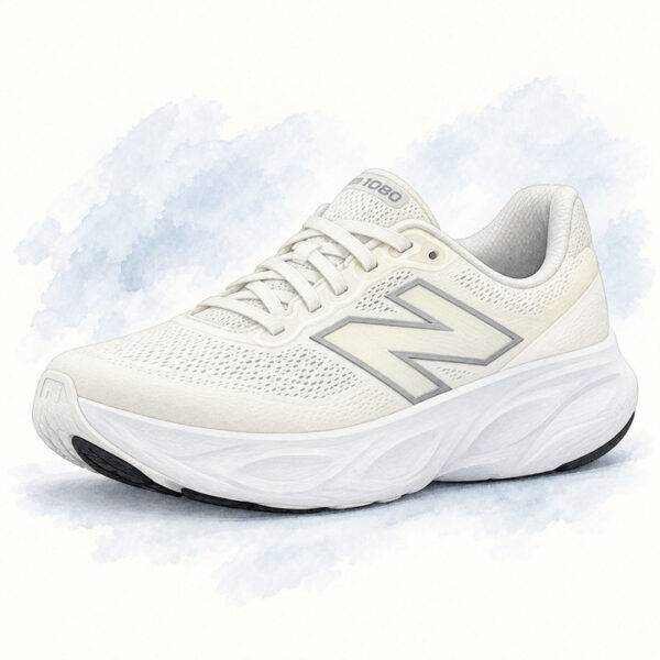 AI-generated illustration of an off-white New Balance Fresh Foam X 1080v14 shoe with a silver outlined N logo and thick white rocker sole.