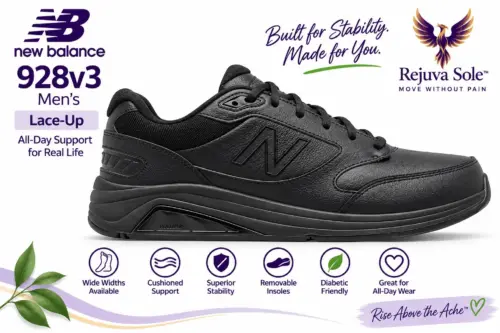 new-balance-928v3-mens-lace-up-illustration AI-generated illustration of a black men’s New Balance 928v3 lace-up walking shoe, side view.