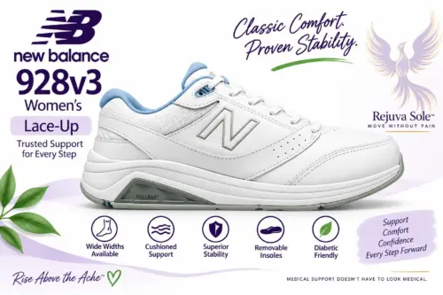 new-balance-928v3-womens-lace-up-illustration AI-generated illustration of a white women’s New Balance 928v3 lace-up walking shoe, side view.