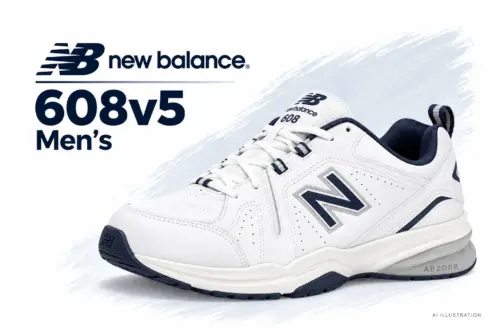 AI illustration of a white and navy New Balance men’s 608v5 cross-trainer.