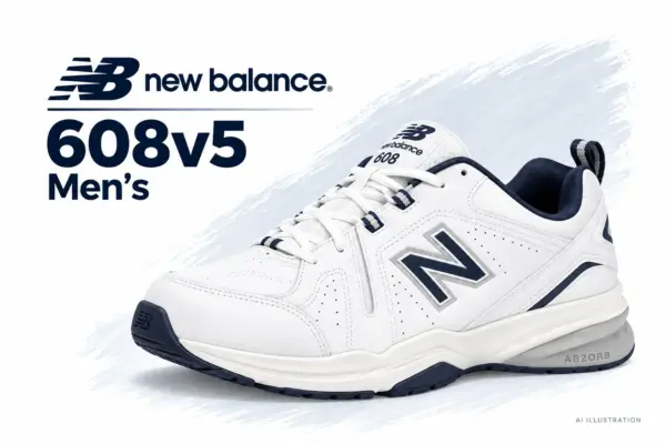 New Balance Men’s 608v5 — clean illustration - Rejuva Sole™ AI illustration of a white and navy New Balance men’s 608v5 cross-trainer.