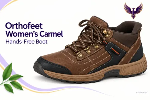 Orthofeet Women’s Carmel — clean illustration - Rejuva Sole™ AI illustration of one brown and black Orthofeet women’s Carmel lace-up boot on a cream, lilac and gold background.