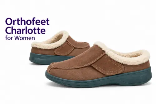 Representative AI illustration of brown Orthofeet women’s Charlotte adjustable slippers with cream lining.