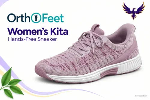 Orthofeet Women’s Kita — clean illustration Representative AI illustration of one lavender Orthofeet Women’s Kita hands-free sneaker on a cream and lilac background.