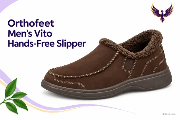 Orthofeet Men’s Vito — clean illustration - Rejuva Sole™ AI illustration of one brown Orthofeet men’s Vito closed-heel slipper on a cream, lilac and gold background.