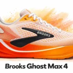 Brooks Ghost Max 4 — Rejuva Sole Illustration - Rejuva Sole™ Illustration of the Brooks Ghost Max 4 in white, orange and red, shown from the side.