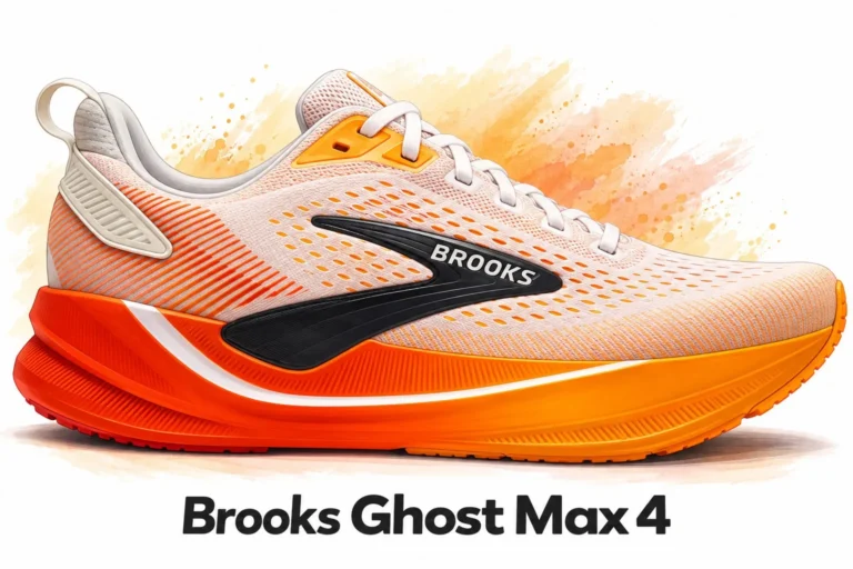 Brooks Ghost Max 4 — Rejuva Sole Illustration - Rejuva Sole™ Illustration of the Brooks Ghost Max 4 in white, orange and red, shown from the side.