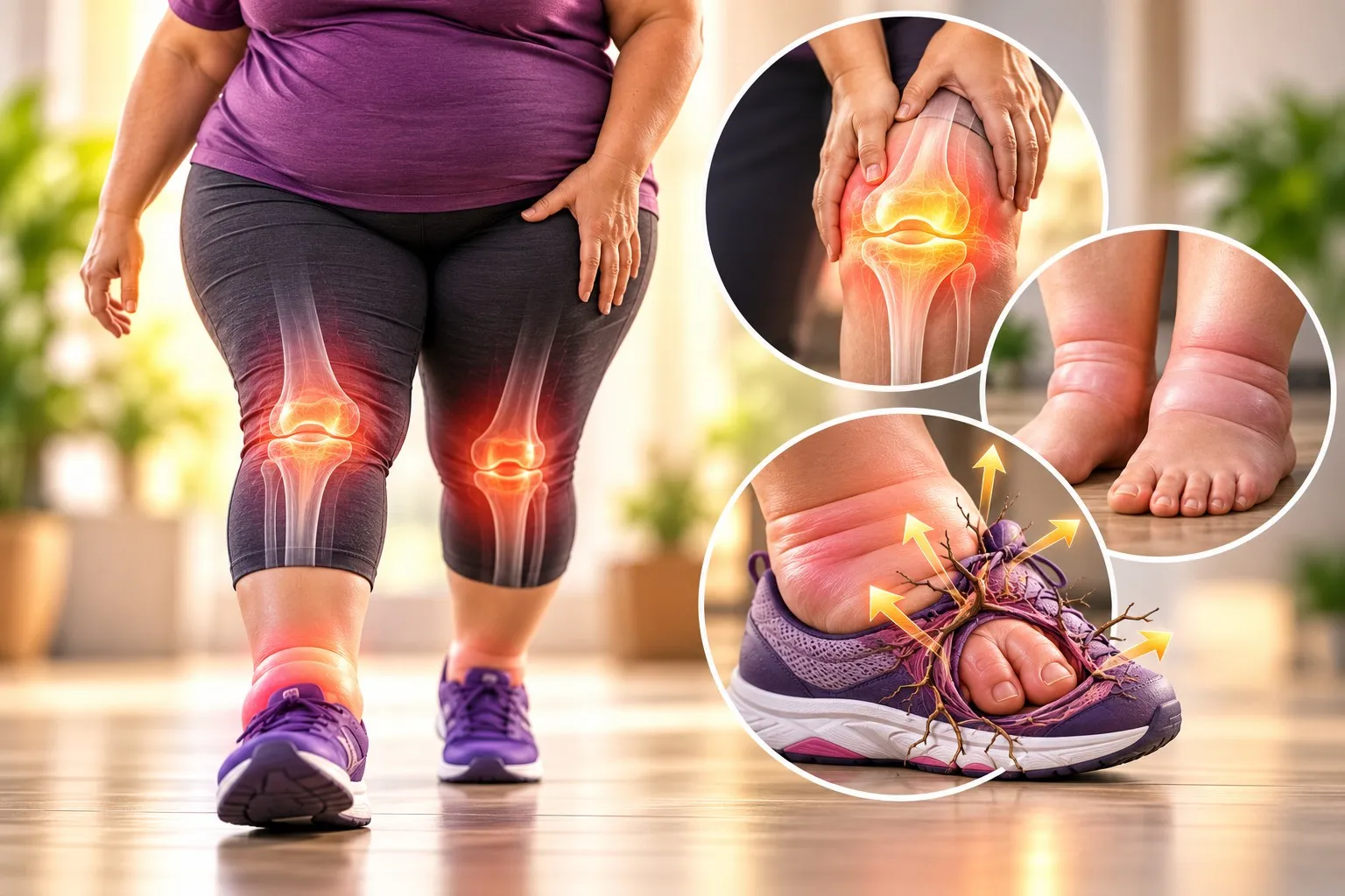 Illustration of a larger-bodied person with highlighted knees and insets showing swollen feet and a tight shoe.