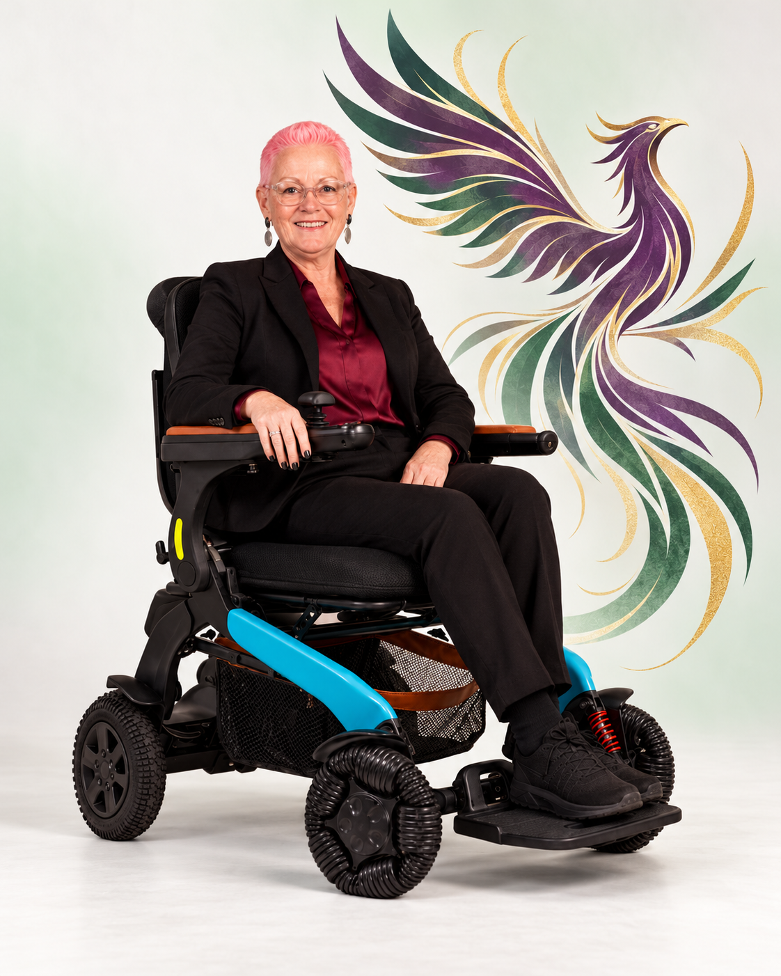 Tammy Eddy seated in her power wheelchair against a white backdrop with a decorative purple, green and gold phoenix.