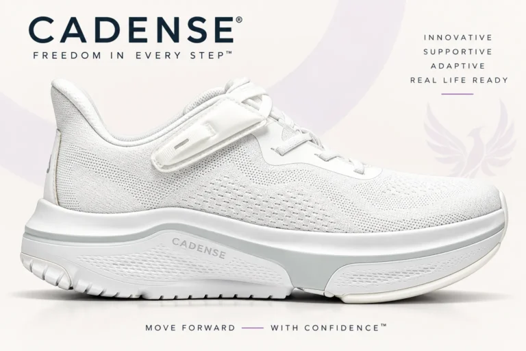 White Cadense athletic shoe with hook-and-loop strap and breathable knit upper on a light backdrop.