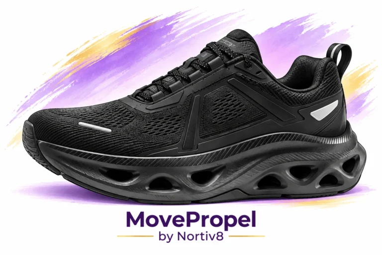 file_000000005a3082308634a28d8a5ef665 - Rejuva Sole™ MovePropel by Nortiv8 black running shoe with breathable mesh upper and chunky sculpted sole against a purple-yellow brushstroke backdrop
