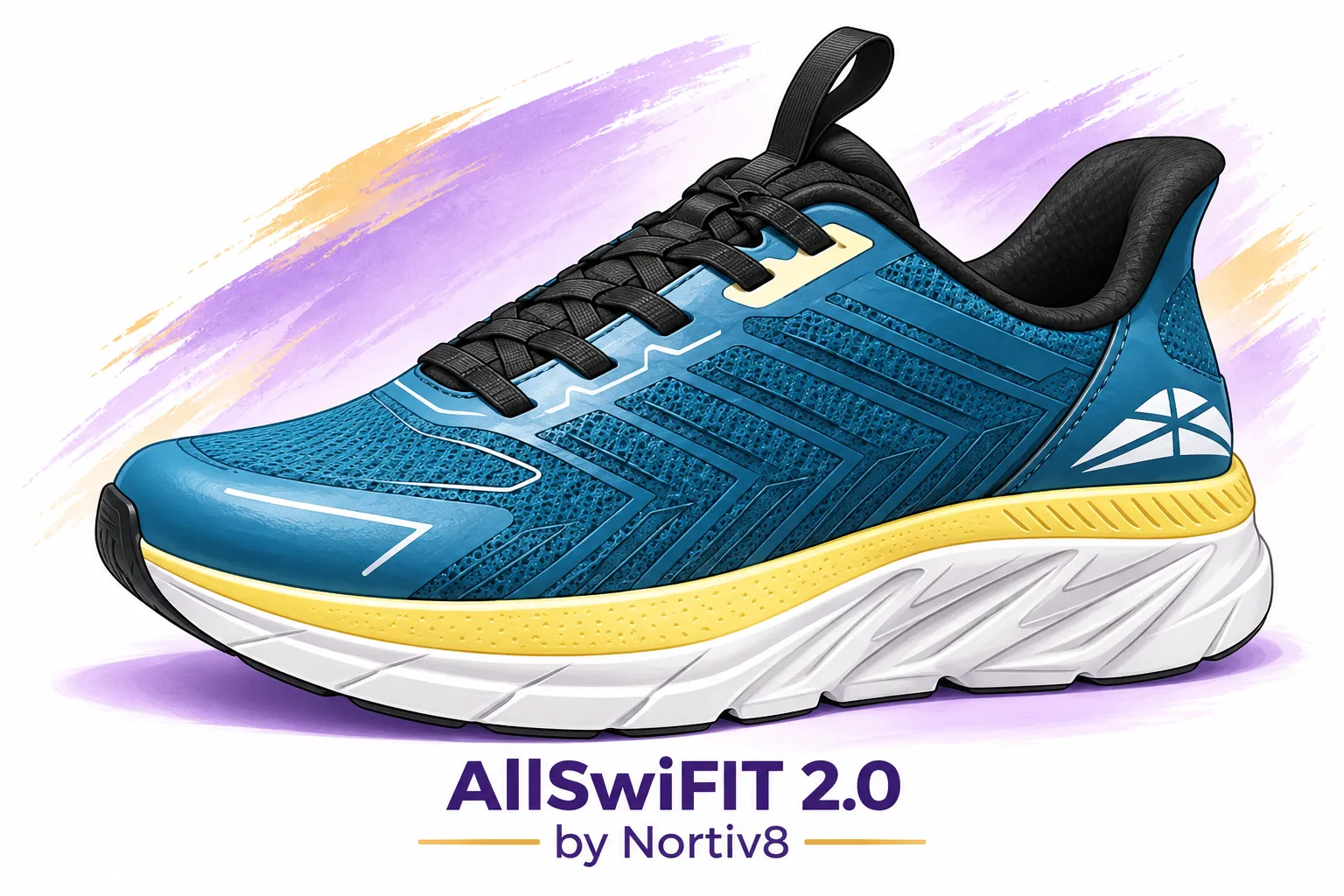 file_0000000098ac8230ba0853630a216812 - Rejuva Sole™ Blue illustrated running shoe with black laces, yellow and white midsole, and AllSwift FIT 2.0 by Nortiv8 branding.