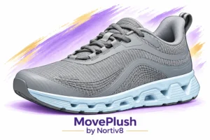 MovePlus running shoe by Nortiv8: gray mesh upper, cushioned light-blue sole, branding at the bottom.