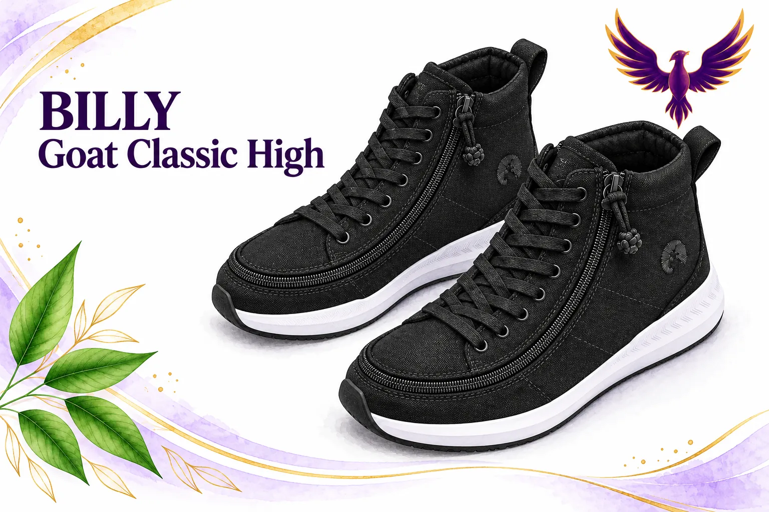 h03-billy-pair - Rejuva Sole™ AI illustration of a pair of black BILLY Goat Classic High shoes viewed from above.