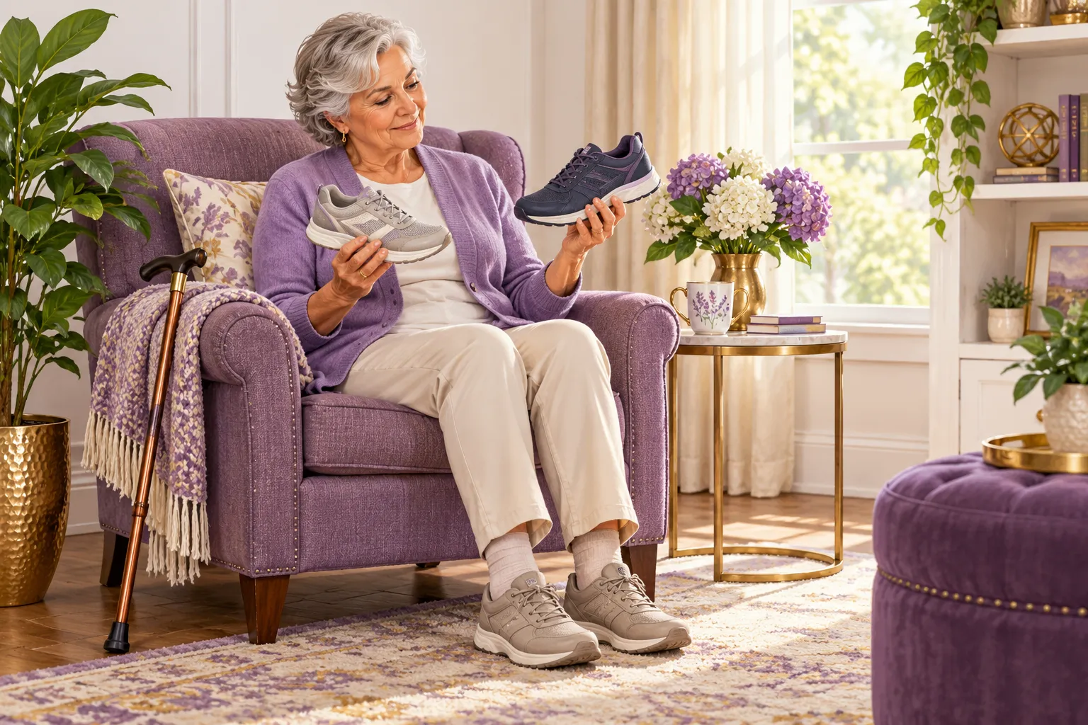 h03-chronic-guide - Rejuva Sole™ AI illustration of an older adult seated at home comparing two walking shoes.