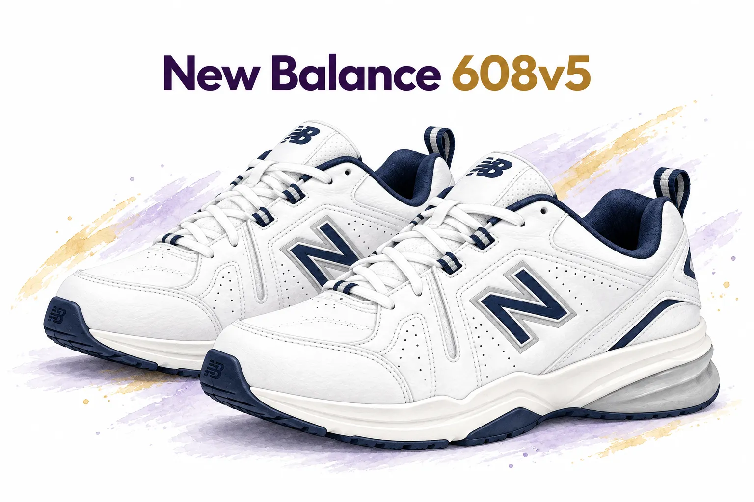 h03-nb608 - Rejuva Sole™ AI illustration of white and navy New Balance 608v5 trainers.