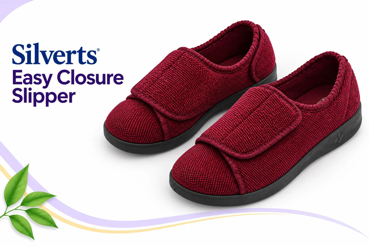 h03-silverts-pair - Rejuva Sole™ AI illustration of a pair of burgundy Silverts Easy Closure Slippers with closed backs.