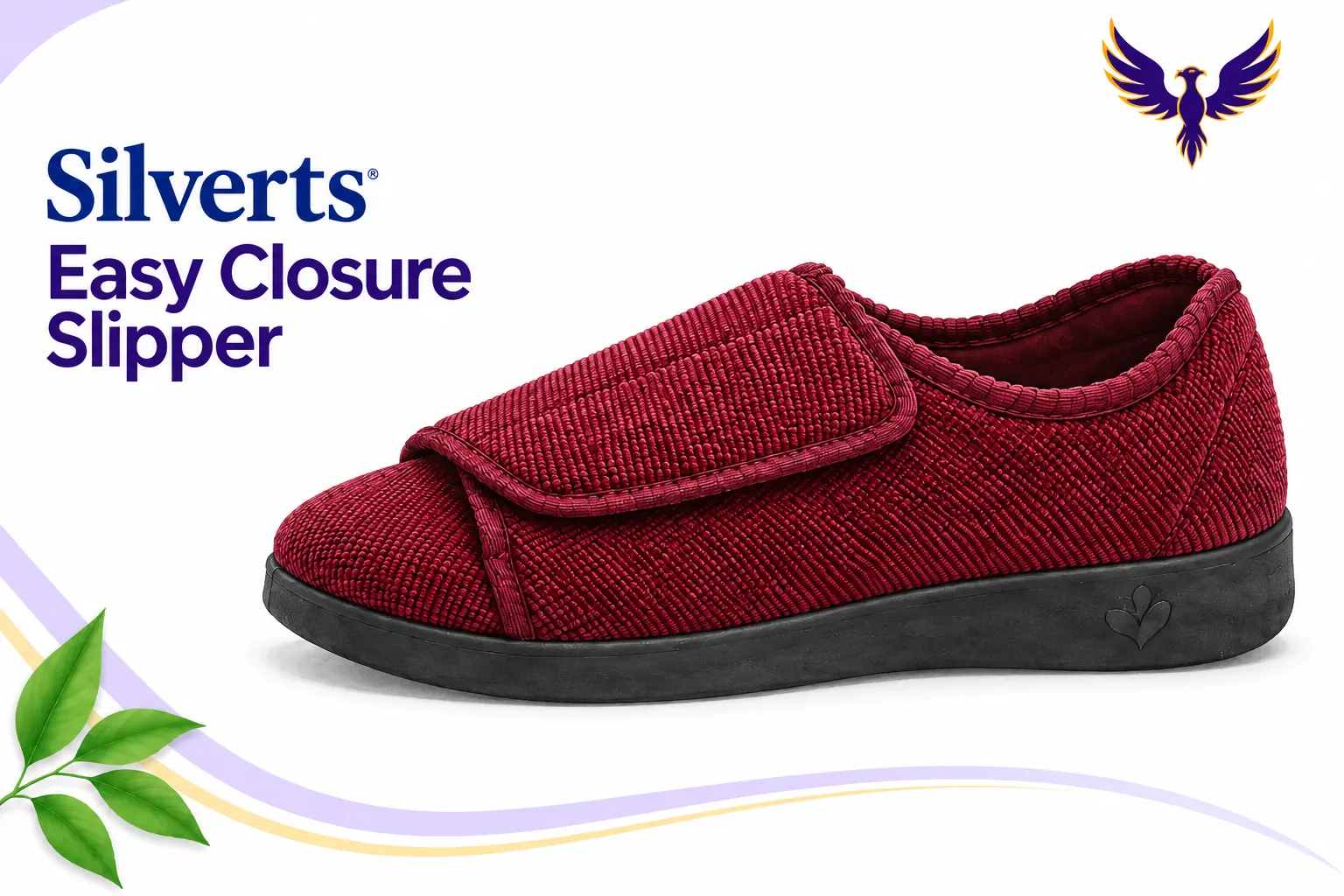 h03-silverts-profile - Rejuva Sole™ AI illustration of a burgundy Silverts Easy Closure Slipper with a broad closure flap and black outsole.