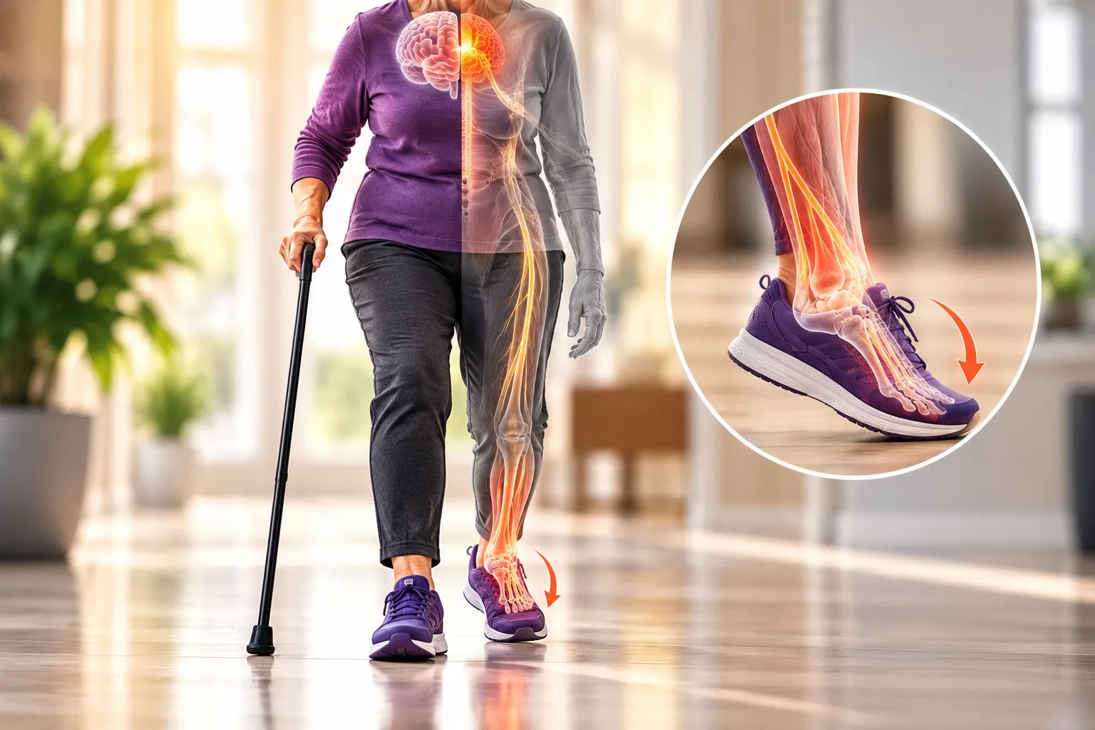 stroke-drop-foot-balance-education - Rejuva Sole™ Illustration of a person using a cane, with nerve pathways and a foot-drop inset highlighted.